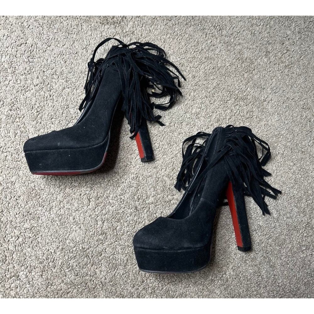 Women’s Size 6.5 Machi Black Faux Suede Fringe Detail Platform High Heels